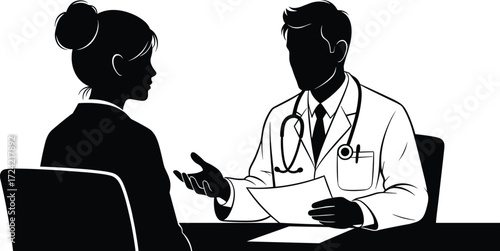 Doctor consulting patient with medical records, black silhouette vector illustration for healthcare, wellness, and professional advisory design use