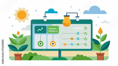 A digital irrigation scheduling tool that takes into account individual plant needs soil type and weather patterns to optimize water usage and promote healthy crop growth.. Vector illustration