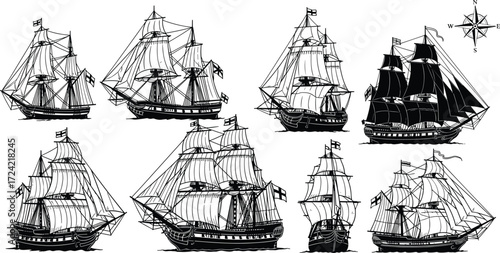 Mixed Ship Silhouette Set Featuring Historic, Cruise, Cargo, and Speed Boats for Maritime, Nautical, Travel, and Vector Design Themes