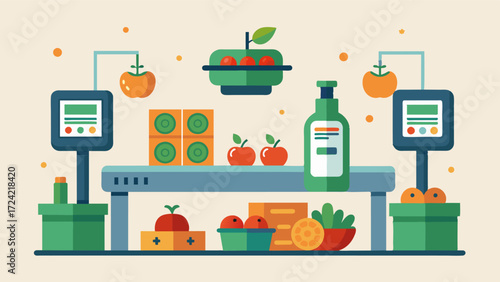 A computerized sorting and grading machine accurately classifies different sizes and qualities of fruits and vegetables for packaging and sale.. Vector illustration