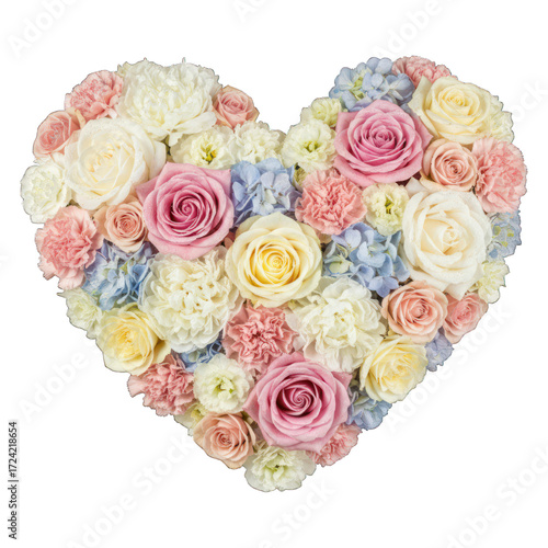Heart made of roses, carnations, and hydrangeas on a transparent background