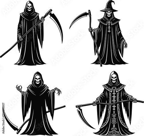 Set of grim reaper silhouettes with scythes and robes, black vector illustration for Halloween, gothic, and dark fantasy design use