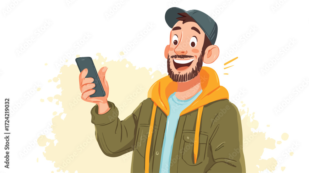 Obraz premium Cheerful Man Holding Smartphone Vector Illustration