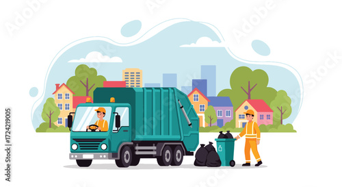 Flat style illustration of a sanitation worker carrying garbage bags beside a recycling truck in the city, symbolizing waste management, recycling, and urban environmental responsibility