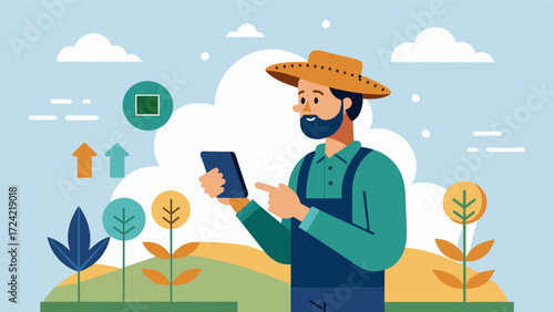 A farmer checking their smartphone to receive realtime updates on their AIdriven crop rotation schedule.. Vector illustration
