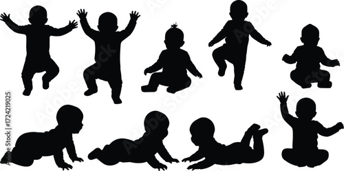 Set of ten baby silhouettes in crawling, sitting, and standing poses, black vector icons for parenting, growth, and educational design use
