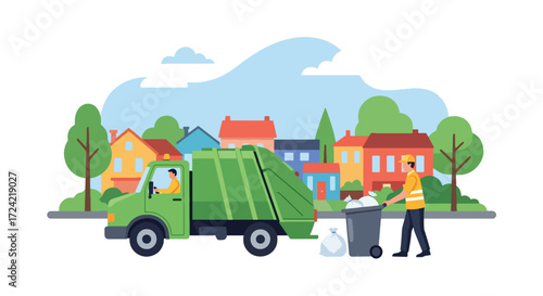 Flat style illustration of a sanitation worker carrying garbage bags beside a recycling truck in the city, symbolizing waste management, recycling, and urban environmental responsibility