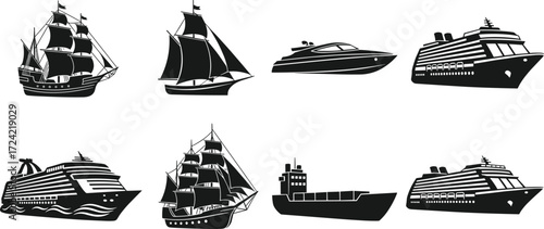 Ship and Boat Silhouette Set Featuring Historic, Cruise, Cargo, and Speed Vessels for Maritime, Travel, and Vector Design Themes