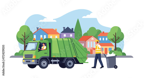 Flat style illustration of a sanitation worker carrying garbage bags beside a recycling truck in the city, symbolizing waste management, recycling, and urban environmental responsibility