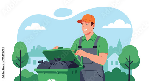 Flat style illustration of a sanitation worker disposing garbage bags into a green trash bin in a residential neighborhood, symbolizing waste management, cleanliness, and community responsibility