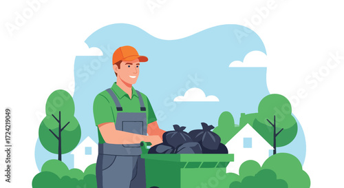 Flat style illustration of a sanitation worker disposing garbage bags into a green trash bin in a residential neighborhood, symbolizing waste management, cleanliness, and community responsibility