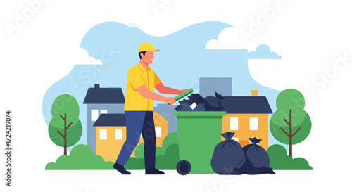 Flat style illustration of a sanitation worker disposing garbage bags into a green trash bin in a residential neighborhood, symbolizing waste management, cleanliness, and community responsibility