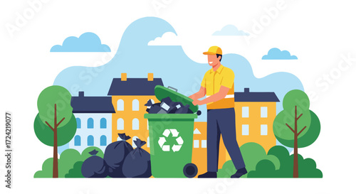 Flat style illustration of a sanitation worker disposing garbage bags into a green trash bin in a residential neighborhood, symbolizing waste management, cleanliness, and community responsibility