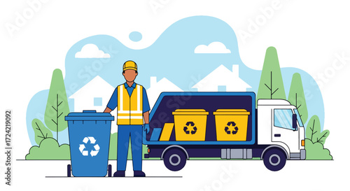Flat style illustration of a sanitation worker with a recycling bin beside a green recycling truck in a suburban neighborhood, symbolizing waste management, sustainability, and environmental