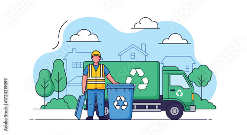 Flat style illustration of a sanitation worker with a recycling bin beside a green recycling truck in a suburban neighborhood, symbolizing waste management, sustainability, and environmental