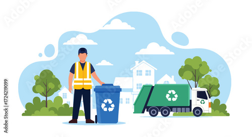 Flat style illustration of a sanitation worker with a recycling bin beside a green recycling truck in a suburban neighborhood, symbolizing waste management, sustainability, and environmental