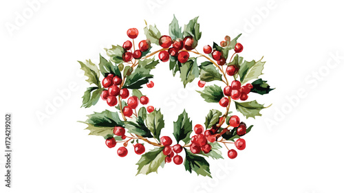 Holiday Watercolor Wreath with Vibrant Holly Berries for Festive Designs