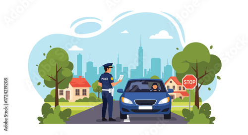 Flat style illustration of a police officer giving a driver a traffic ticket near a stop sign, symbolizing law enforcement, road safety, and responsible driving in the city
