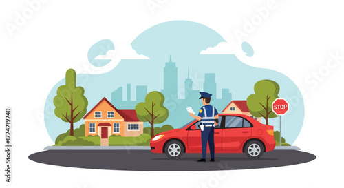 Flat style illustration of a police officer giving a driver a traffic ticket near a stop sign, symbolizing law enforcement, road safety, and responsible driving in the city