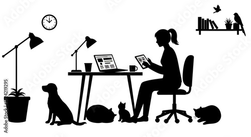 Silhouette of woman working from home with pets and plants in minimalist home…
