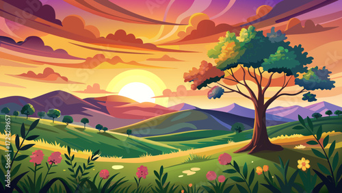Sunset over rolling hills. Silhouette tree stands atop a flower-filled meadow. Warm sunlight bathes the landscape. Clouds create a dramatic sky. Peaceful idyllic scenic environment for relaxation