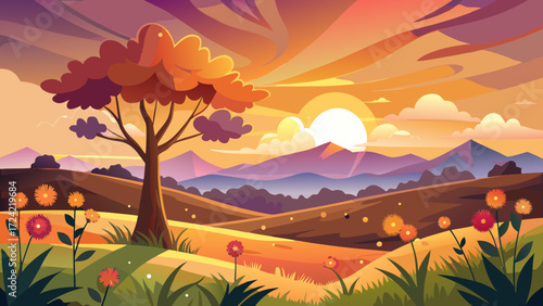 Sunset over rolling hills. Silhouette tree stands atop a flower-filled meadow. Warm sunlight bathes the landscape. Clouds create a dramatic sky. Peaceful idyllic scenic environment for relaxation