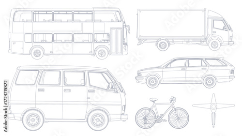Collection of vehicle outlines including a double decker bus delivery truck van car and bicycle in a simple line art silhouette style
