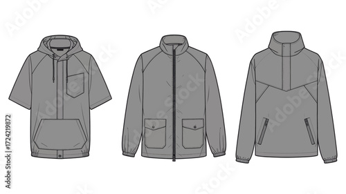 Three different styles of modern hooded jackets and windbreakers displayed as a clean silhouette on a white background