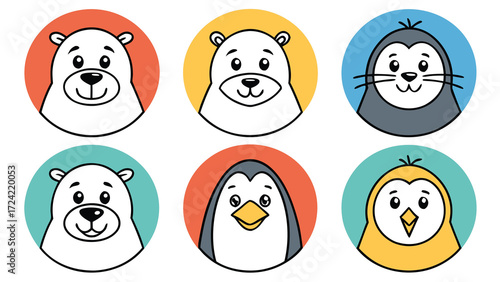 Cute cartoon arctic animal icons collection polar bears penguins seals and chickens in colorful circles