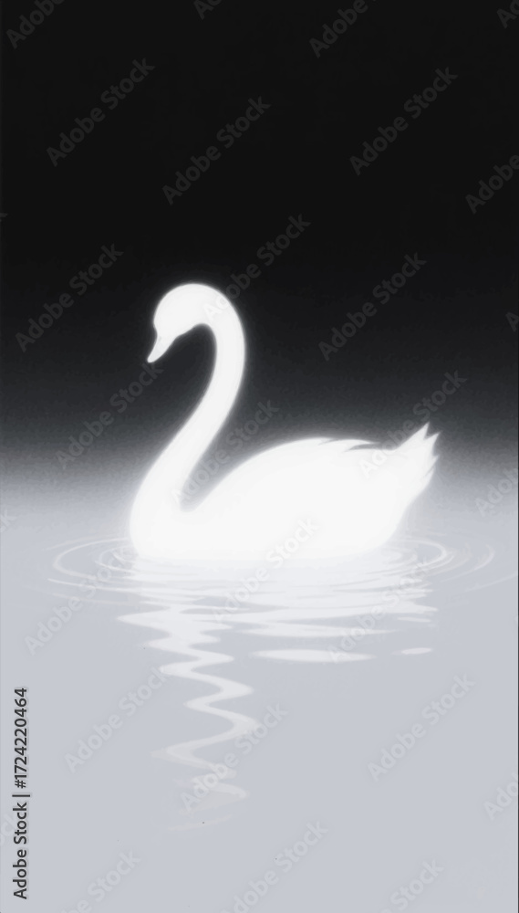 Fototapeta premium An illustration of a swan glowing with white light swimming in a night pond. Vector graphics. EPS.