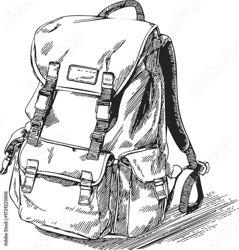 Backpack sketch hand drawn style with straps and pockets — stock vector
