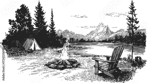 Lakeside campfire sketch, hand drawn style with tent, chair, pine trees, and mountains — stock vector
