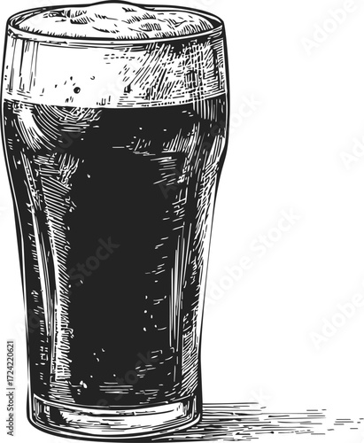 Pint of dark beer sketch, hand drawn style with foam and glass details — stock vector