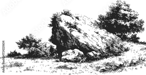 Rock formation sketch, hand drawn style with bushes and grass landscape — stock vector