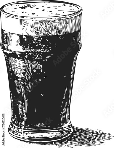 Dark beer pint sketch, hand drawn style with foam and glass details — stock vector