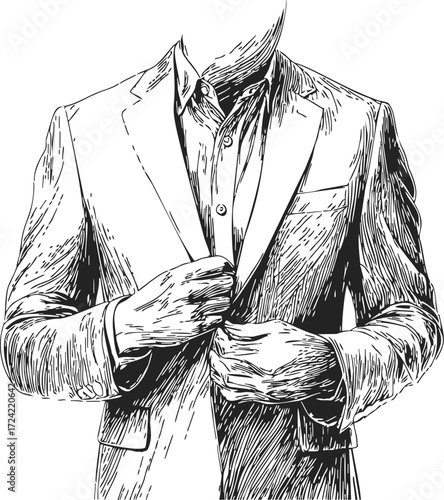 Man in suit jacket buttoning up, sketch hand drawn style — stock vector