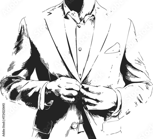 Man buttoning suit jacket sketch, hand drawn formalwear closeup — stock vector