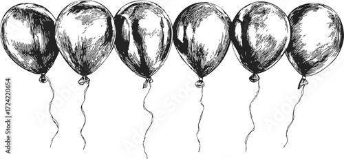 Balloons sketch hand drawn black and white row with strings — stock vector