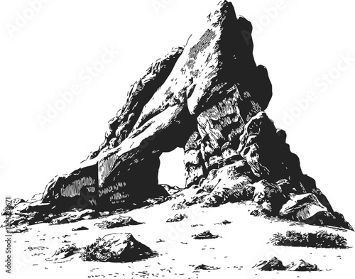 Rock formation sketch, hand drawn natural stone arch in desert landscape — stock vector
