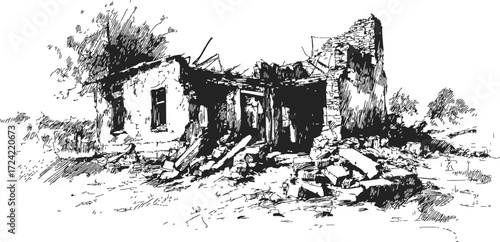 Ruined house sketch, hand drawn abandoned stone building with collapsed roof — stock vector