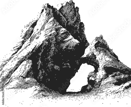 Rock formation sketch, hand drawn natural arch and rugged mountain landscape — stock vector