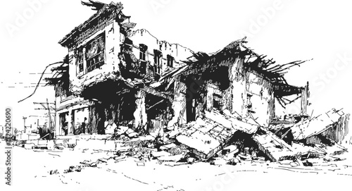 Ruined building sketch, hand drawn line art of collapsed structure with debris — stock vector