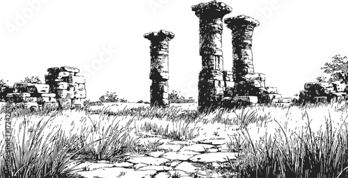Ancient ruins sketch, hand drawn stone columns and overgrown grass landscape — stock vector
