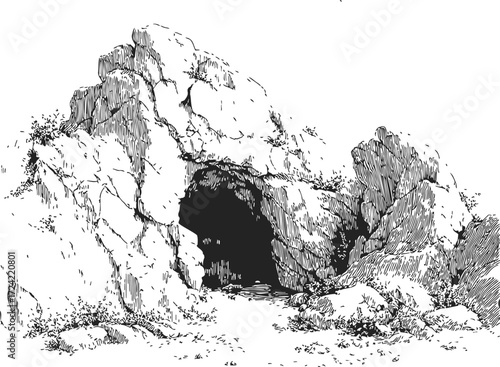 Cave entrance sketch, hand drawn rocky landscape with detailed stone textures — stock vector
