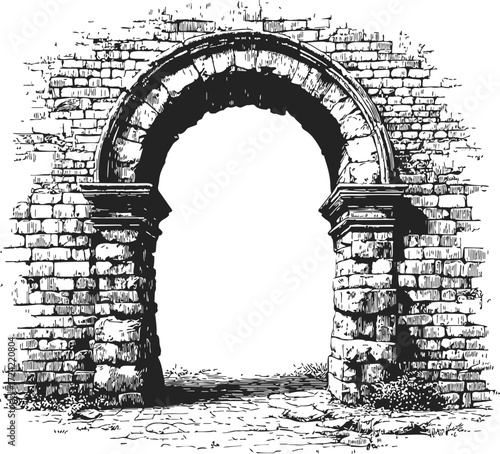 Stone archway sketch, hand drawn style, old masonry ruins with detailed brickwork — stock vector