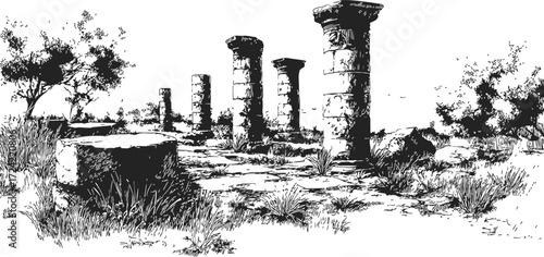 Ancient ruins sketch, hand drawn stone columns and overgrown landscape — stock vector