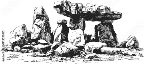 Megalithic dolmen sketch, hand drawn prehistoric stone monument with large rocks — stock vector