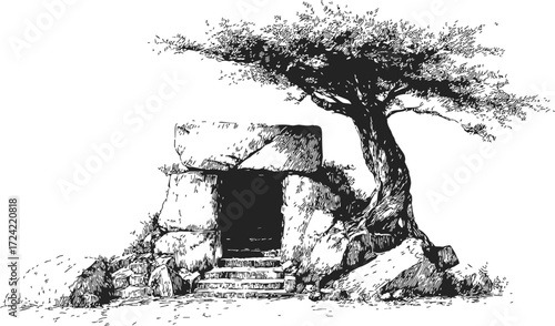 Dolmen tomb sketch, hand drawn ancient stone structure with tree and rocky steps — stock vector