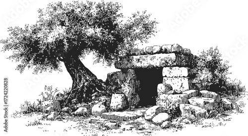 Ancient megalithic stone tomb with old tree, sketch hand drawn landscape — stock vector