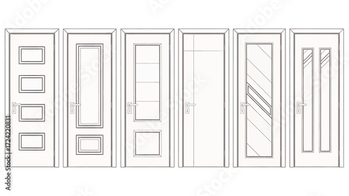 Collection of interior door designs in a clean line art silhouette style showcasing various panel and glass configurations